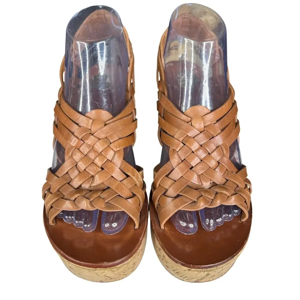 Tory Burch Women’s Killian Brown Leather Woven Wedge Sandals Size US 7.5